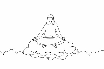 Poster - Continuous one line drawing Arabian businessman meditates and resting in lotus position on clouds. Relaxing Arab man with yoga or meditation pose. Single line draw design vector graphic illustration