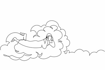 Poster - Single one line drawing Arab businessman lay on clouds and dreaming or thinking about new business project. Relaxes and resting worker concept. Continuous line draw design graphic vector illustration