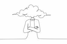 Single Continuous Line Drawing Cloud Head Businesswoman. Woman With Empty Head And Cloud Instead. Distracted, Daydreaming, Absent. Business Metaphor. One Line Draw Graphic Design Vector Illustration