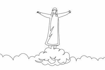Poster - Single one line drawing happy Arab businessman on top of cloud with raised hand. Successful business office manager. Financial freedom concept. Continuous line draw design graphic vector illustration