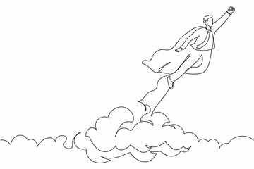 Poster - Continuous one line drawing super hero businessman flying up cloud. Super worker in robe cloak takes off. Power, uniqueness, start-up business idea. Single line draw design vector graphic illustration