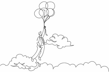 Poster - Single one line drawing businessman floating and holding flying balloon through cloud. Office worker reaches goal, target, find solution. Modern continuous line draw design graphic vector illustration