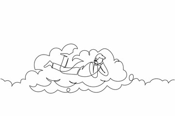 Poster - Single continuous line drawing dreamer businessman lay on clouds and dreaming or thinking something about new business. Relaxes man lying on the cloud. One line draw graphic design vector illustration