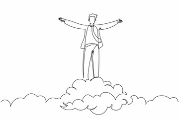 Continuous one line drawing happy businessman on top of cloud with raised hand. Successful business working manager. Financial freedom, happiness, peaceful. Single line draw design vector illustration