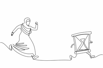 Poster - Continuous one line drawing Arab businesswoman chasing hourglass. Time management and finish business project. Concept of deadline, finishing work. Single line draw design vector graphic illustration