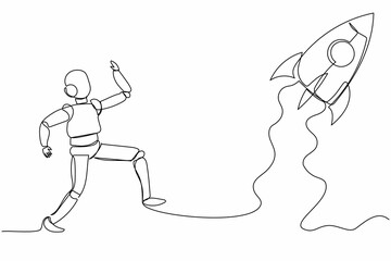 Poster - Single continuous line drawing robot run chasing rocket take off. Launching start up business tech. Robotic artificial intelligence. Electronic technology industry. One line draw graphic design vector