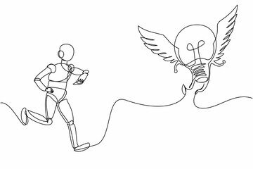 Poster - Single one line drawing robot chasing flying light bulb. Searching creativity, new invention. Future technology development. Artificial intelligence. Continuous line graphic design vector illustration