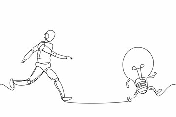 Poster - Continuous one line drawing robot chasing light bulb. Innovation for new business ideas. Humanoid robot cybernetic organism. Future robotic development. Single line design vector graphic illustration