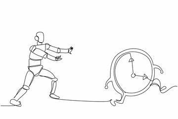 Poster - Single continuous line drawing robot chase clock time. Time management in processing factory. Robotic artificial intelligence. Electronic technology industry. One line draw design vector illustration