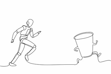 Poster - Single continuous line drawing robot run chasing paper cup. Recycling waste treatment plant. Modern robotic artificial intelligence. Electronic technology industry. One line draw graphic design vector
