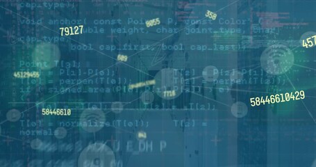 Poster - Animation of data processing with graphs and charts on interface over computer server room