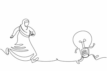 Poster - Single one line drawing Arab businesswoman chasing light bulb. Arabian office worker seek project solution. Imagination for new business ideas. Continuous line draw design graphic vector illustration