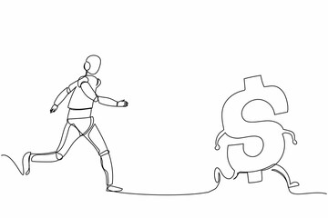Poster - Single continuous line drawing robot chasing dollar symbol. Investment for tech development. Robotic artificial intelligence. Electronic technology industry. One line draw design vector illustration