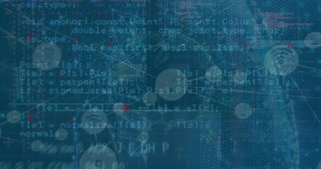Poster - Animation of network of communication icons and data processing on blue background