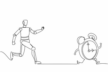Poster - Single continuous line drawing robot chasing alarm clock. System management control and information tech industry. Modern robotic artificial intelligence. One line graphic design vector illustration
