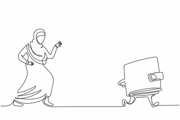Poster - Single continuous line drawing Arab businesswoman chasing wallet. Purse for save money dollar cash. Shopping, market, buying, paying, finance concept. One line draw graphic design vector illustration