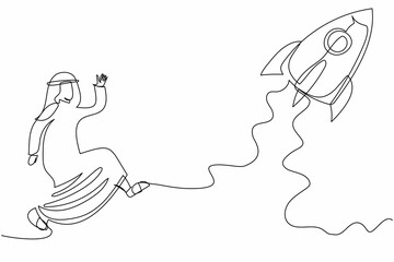 Poster - Single continuous line drawing Arab businessman running chasing rocket take off. Prepare for start-up business project. Career awakening to success, growth. One line draw design vector illustration