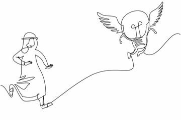 Poster - Continuous one line drawing Arab businessman chasing and catch flying light bulb. Capture new business ideas, search for innovation, creativity, invention. Single line draw design vector illustration