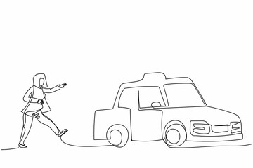 Poster - Continuous one line drawing businesswoman run chasing try to catch taxi cab. Hurry running to get a car, yellow public passenger vehicle. Business metaphor. Single line draw design vector illustration