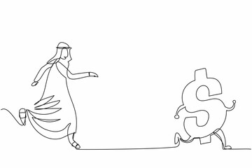 Poster - Single one line drawing Arab businessman chasing dollar symbol. Pursuit to success, wealth, financial freedom, rich, investment. Business metaphor. Continuous line design graphic vector illustration
