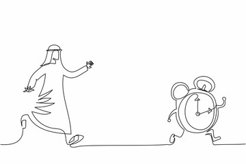 Poster - Continuous one line drawing Arabian businessman chasing alarm clock. Management control and schedule work. Organization task and business deadline. Single line draw design vector graphic illustration
