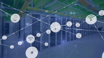 Poster - Animation of network of communication icons and data processing over computer server room