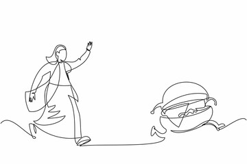 Poster - Single continuous line drawing businesswoman run chasing try to catch tasty fast food hamburger. Junk food, unhealthy, overweight, obesity. Business metaphor. One line draw design vector illustration