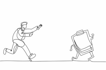 Poster - Continuous one line drawing businessman run chasing try to catch clipboard. Manager being chased by work deadlines. Running out of time. Business metaphor. Single line draw design vector illustration