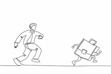 Poster - Single continuous line drawing businessman run chasing try to catch briefcase. Chasing high performance active mutual fund, buying rising star stock or funds. One line draw design vector illustration