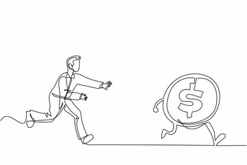 Poster - single one line drawing businessman run chasing try to catch high performance attractive dollar coin