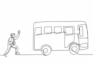 Poster - continuous one line drawing businessman run chasing try to catch bus. hurry running to get transport
