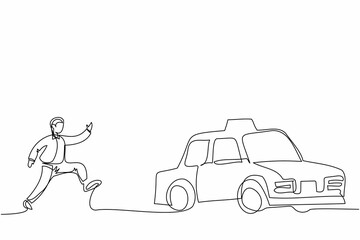 Poster - Single one line drawing businessman run chasing try to catch taxi cab. Hurry running to get a car, yellow public passenger vehicle. Business metaphor. Continuous line draw design vector illustration