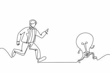 Wall Mural - Continuous one line drawing businessman run chasing try to catch idea light bulb. Concept of creativity, competition and innovation. Business metaphor. Single line design vector graphic illustration