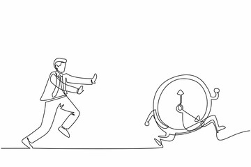 Poster - Single one line drawing stressed businessman chasing time or clock. Office worker being chased by work deadlines. Running out of time. Modern continuous line draw design graphic vector illustration
