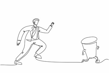 Poster - Single continuous line drawing businessman run chasing try to catch hourglass. Concept of stress, angry, burnout, deadlines, depression. Business metaphor. One line graphic design vector illustration