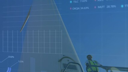 Poster - Animation of graph and data processing over male worker climbing stairs of wind turbine