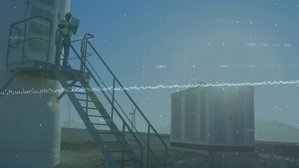 Poster - Animation of graph and data processing over male worker standing on stairs at power plant