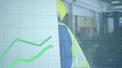 Poster - Animation of graph and data processing over male worker inspecting equipment at power plant