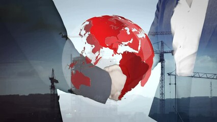 Poster - Animation of globe and businesswoman and businessman shaking hands over city construction cranes