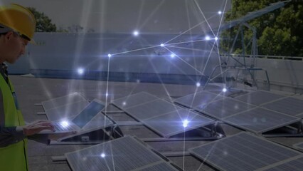 Poster - Animation of network of connections over caucasian engineer using tablets by solar panels