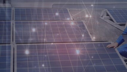 Poster - Animation of network of connections over caucasian engineer and solar panels