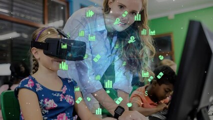 Canvas Print - Animation of network of connections with icons over caucasian schoolgirl using vr headset