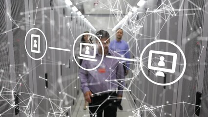 Poster - Animation of network of connections with icons over caucasian engineers by computer servers