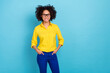 © deagreez - Photo of smart curly hairdo young lady wear yellow blouse eyewear isolated on blue color background