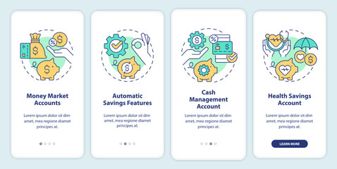 Wall Mural - Saving accounts types onboarding mobile app screen. Financial services walkthrough 4 steps editable graphic instructions with linear concepts. UI, UX, GUI template. Myriad Pro-Bold, Regular fonts used