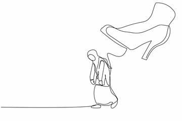 Poster - Continuous one line drawing unhappy Arab businesswoman going away with huge high heels kicking her out. Stress employee being fired and kicked out. Single line draw design vector graphic illustration