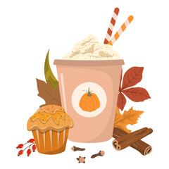 Pumpkin spice latte with cream and cupcake vector illustration. Fall season drink in disposable cup with muffin. Autumn greeting card, postcard design.