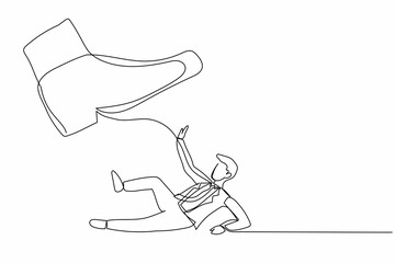 Poster - Single continuous line drawing small businessman under the giant foot. Big foot in the shoe going to crush office worker. Minimalism metaphor concept. One line draw graphic design vector illustration