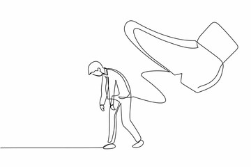 Poster - Single one line drawing young businessman going away with huge boot shoe kicking him out. Office worker being fired and kicked out concept. Minimal metaphor. Continuous line design vector illustration