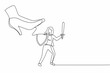 © Simple Line - Single one line drawing young businesswoman fight to giant foot with shield and sword. Office worker against boss big shoe stomp. Minimal metaphor. Continuous line design graphic vector illustration